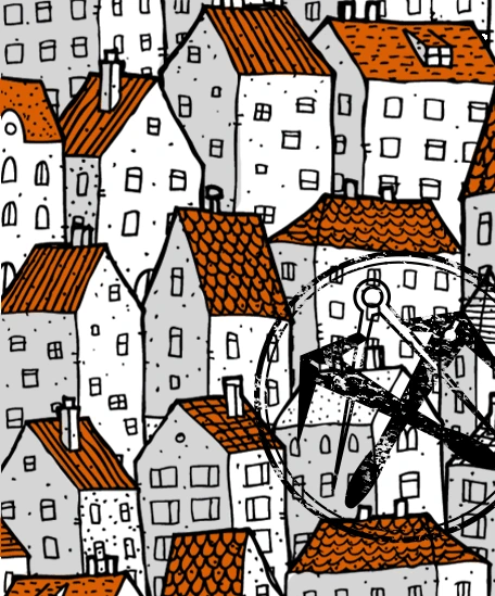 Häusergruppe mit Dächern aus roten Dachziegeln